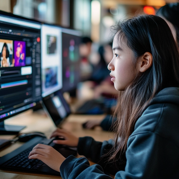 Student designing a poster on a computer for printing with a poster maker printer