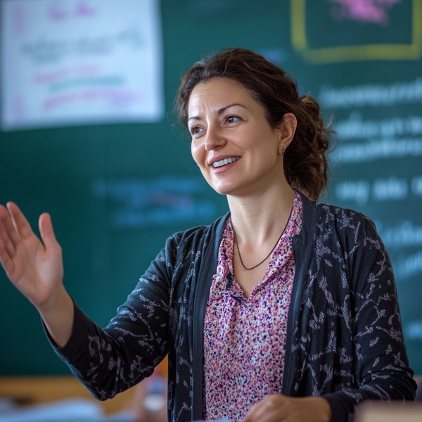 Teacher in a classroom discussing the setup of a poster printer machine with remote install support