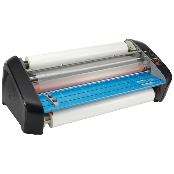 PSE LavaLam 27-inch thermal roll laminator with film loaded and heated rollers ready for classroom poster lamination