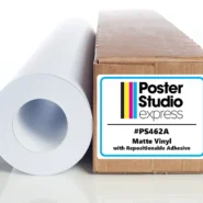 A roll of matte vinyl with repositionable adhesive from Poster Studio Express, labeled as product #PS462A