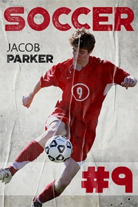 A dynamic soccer poster of Jacob Parker in a red uniform, mid-kick, highlighting how a Poster Maker Printer can create vivid sports designs.