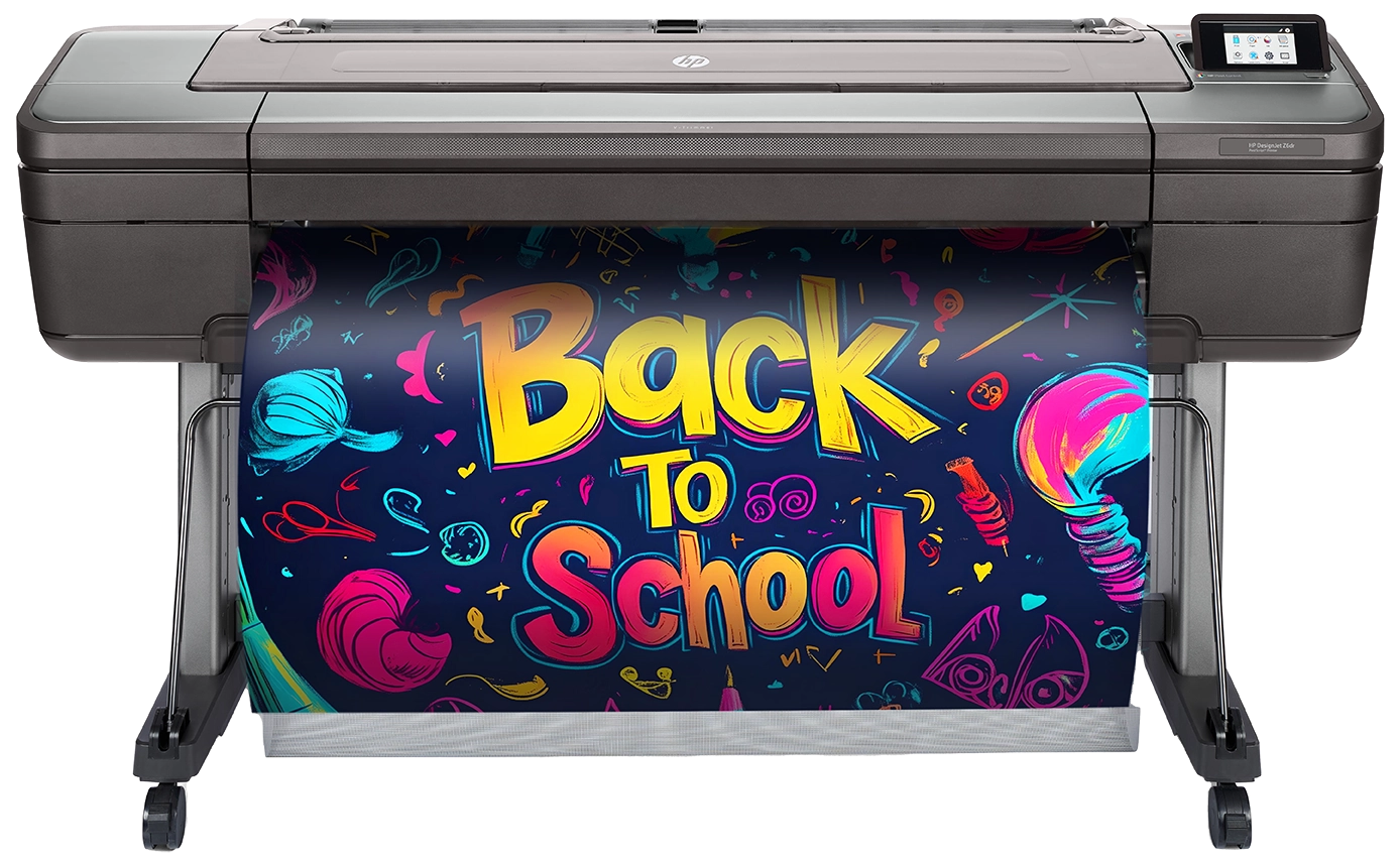 Professional school poster maker printing a full-color back-to-school poster — demonstrating the in-house printing cost savings versus outsourcing to FedEx, VistaPrint, or Staples