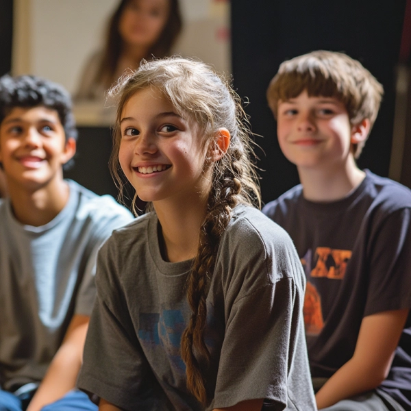 Three smiling students sitting together in a classroom, engaged and ready to learn