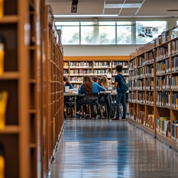 Blog Post 10.11.1 A group of students sitting at a table in a school library, surrounded by bookshelves, discussing a project