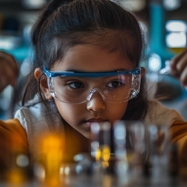 Blog Post 10.11.2 A young student wearing goggles in a science classroom, highlighting Science Lab Safety with Poster Maker Machines.