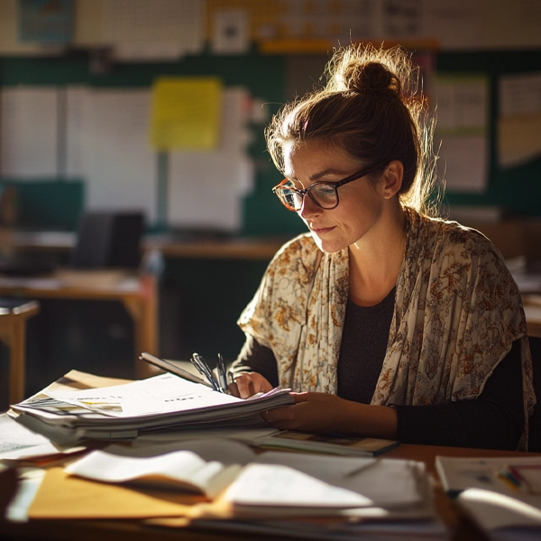 A teacher working at her desk reviewing papers in a well-organized classroom, highlighting the demands of teaching