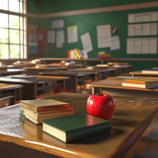 Classroom with an apple and books on a desk, sunlight filtering through the window, and educational posters on the walls
