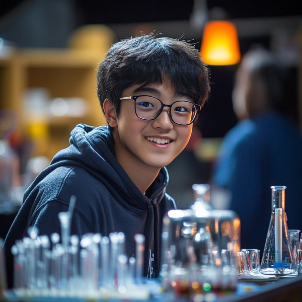 A student wearing glasses smiles while sitting at a science fair table with test tubes and beakers