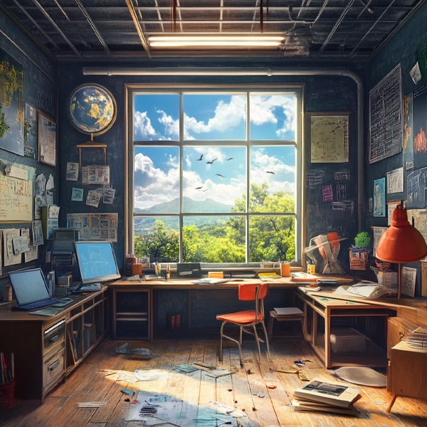 A classroom filled with desks, posters, and a large window overlooking nature, representing creative use of poster printing machines in schools