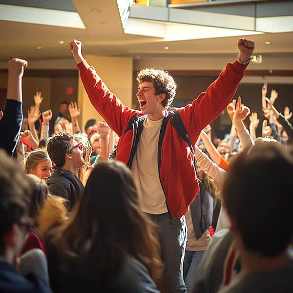 A group of students cheering with raised hands in a school hallway, showing excitement and school spirit