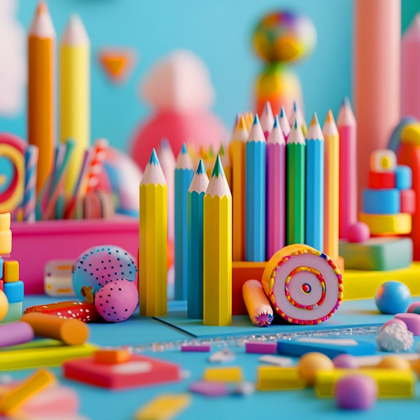 A colorful arrangement of pencils, erasers, and other stationery items set against a vibrant background