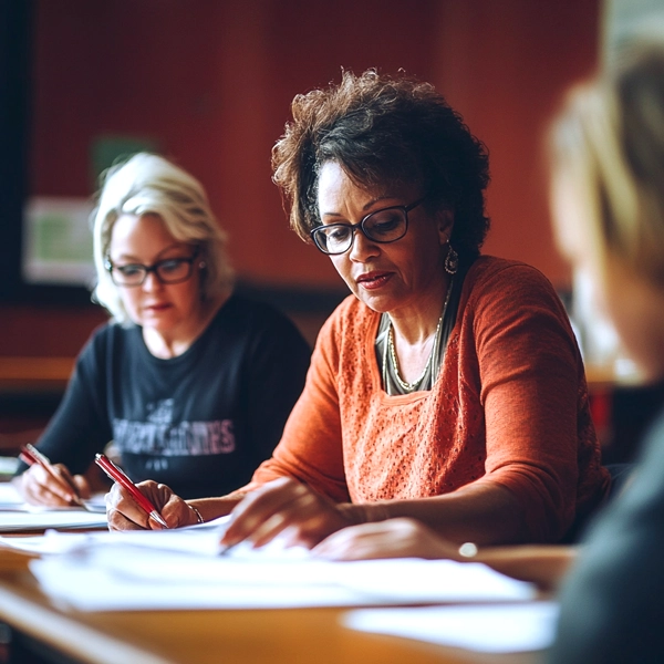 Blog Post 10.16.2 Teachers collaborating on lesson plans, exploring how poster printer machines can enhance classroom visuals in schools