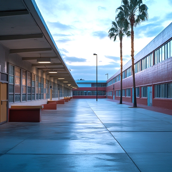 Blog Post 10.16.3 A school courtyard with modern architecture and palm trees, reflecting a clean and organized learning environment