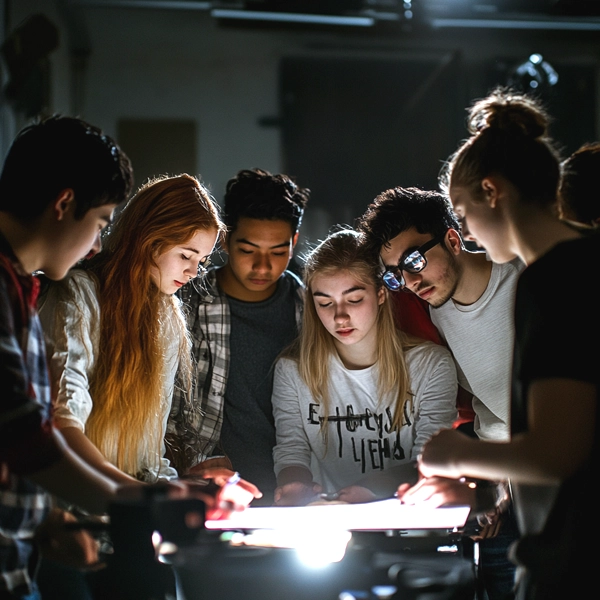 A group of high school students collaborating on a creative project, gathered around a table and engaged in the design process