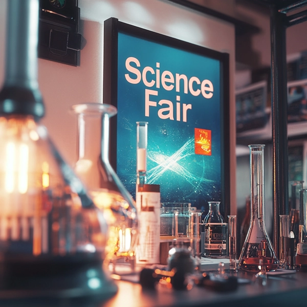 Science Fair Poster Science Fair poster displayed on a wall with laboratory equipment in the foreground