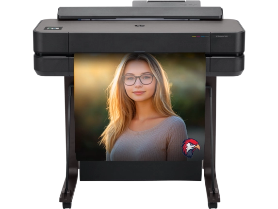 Poster printer machine printing a student recognition poster with a photo of a student and a school mascot logo