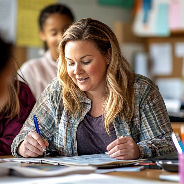 teacher learning how to use poster makers for schools