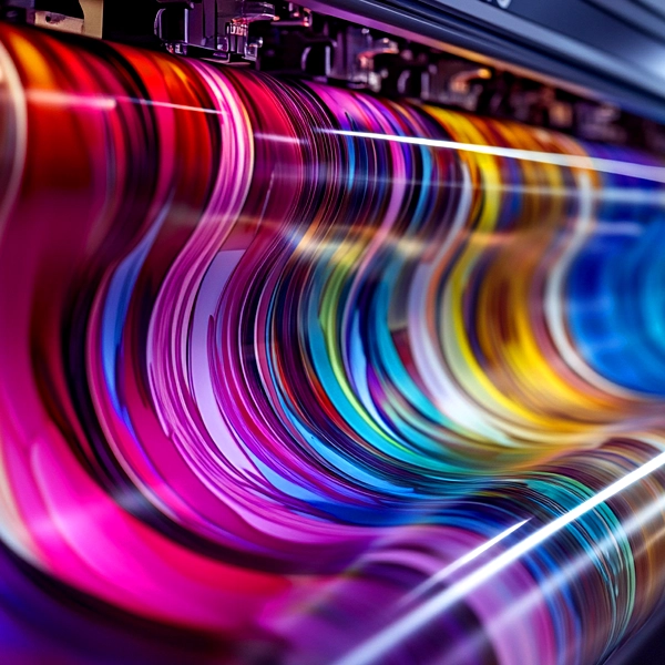 Close-up of a poster printing machine producing vibrant, colorful prints