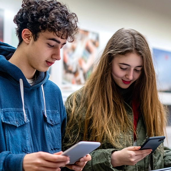 Students using mobile devices to send print jobs to a poster printer machine in a school