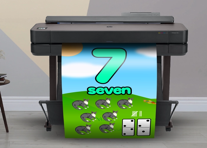 Poster Making Machine Printing Number Poster A poster printer creating a colorful number poster featuring the number 7 with cats and tally marks.