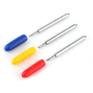Assorted poster printer cutter blades with blue, yellow, and red protective caps