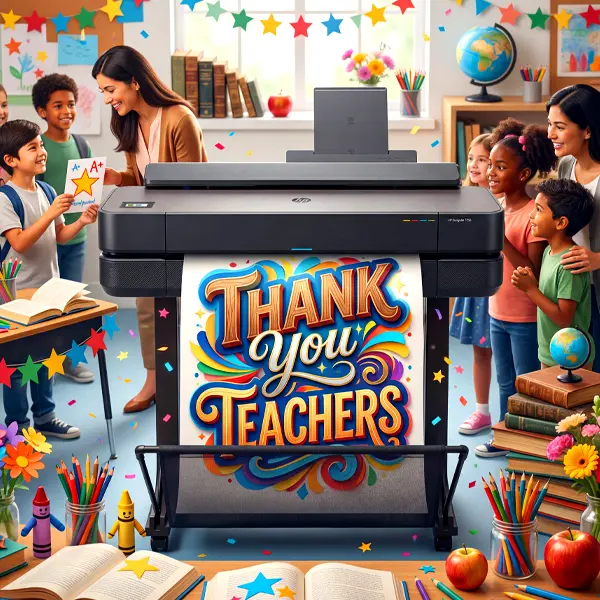Express Poster Maker from Poster Studio Express printing a colorful Thank You Teachers poster in a classroom with smiling students, teachers, books, pencils, apples, flowers, and school decorations