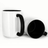 A 15oz white sublimation mug with a sleek black interior, great for bold school graphics, faculty gifts, and classroom printing projects.