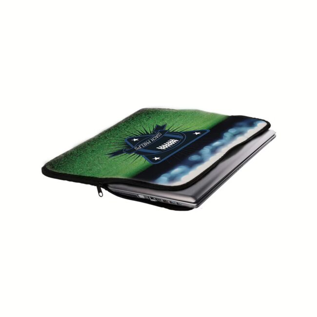 Customizable 14.5 x 13-inch neoprene laptop sleeve with a sleek white surface and secure zipper