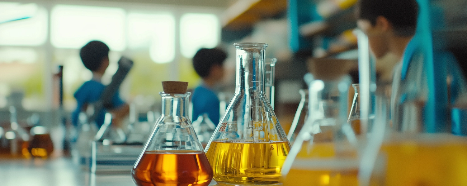 STEM Posters Header Glass beakers filled with yellow liquid on a lab table in a STEM classroom with blurred students in the background