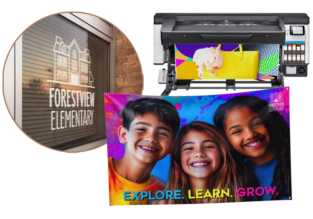 50sq Ft of Specialty Printing Window decal, a colorful banner, and an HP Latex 700 W Printer showcasing specialty printing with white ink capability