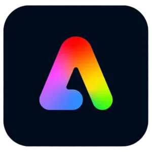 A stylized capital “A” rendered in a vibrant rainbow gradient on a dark square background.