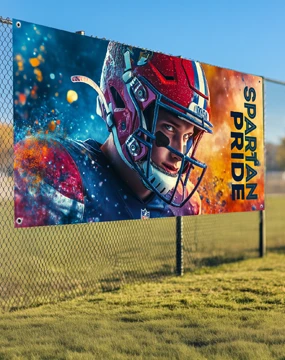 Durable Outdoor Banner Printed with a Poster Making Machine Durable outdoor banner featuring a football player with "Spartan Pride" text, printed using a poster making machine.