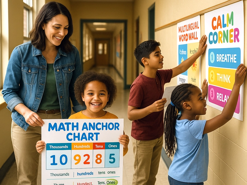 Teacher and students using poster makers for schools to hang a math anchor chart, multilingual word wall, and SEL calm‑corner poster in a bright hallway