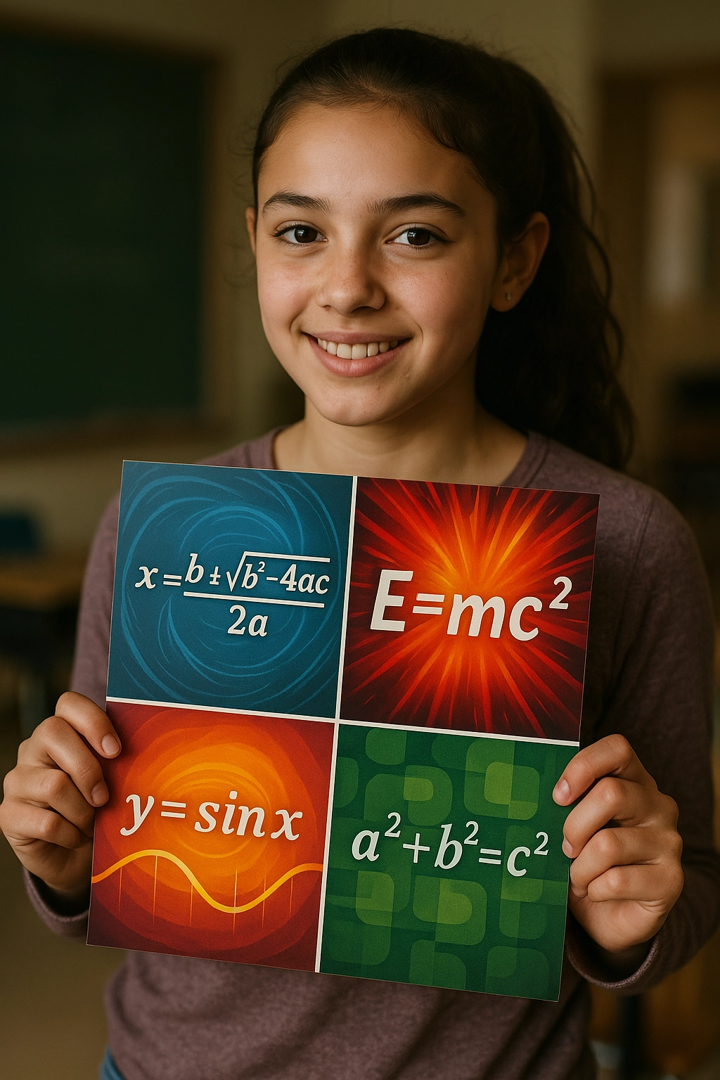 Smiling student holding colorful math poster created with a poster maker for schools