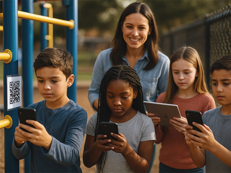Fourth‑grade students scan laminated QR‑code posters around a sunny playground while a smiling teacher supervises with a tablet in hand
