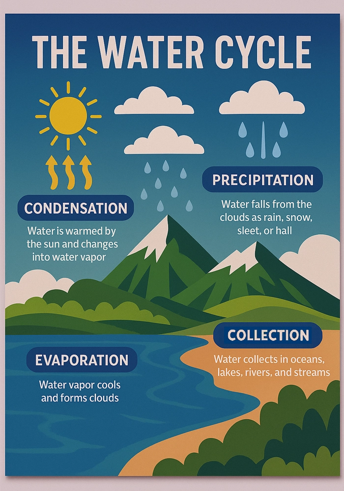Colorful infographic poster titled “The Water Cycle” illustrating evaporation, condensation, precipitation, and collection with icons and brief descriptions