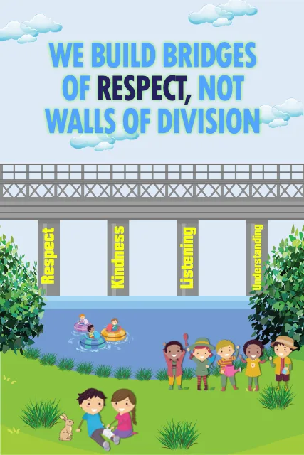 Colorful school poster showing children near a bridge labeled with SEL values, created using a school poster maker