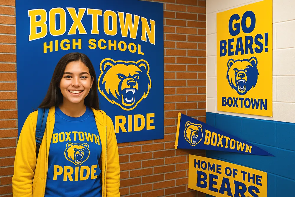 Student stands in front of colorful Boxtown High School posters created with a school poster maker, showcasing school spirit and branding