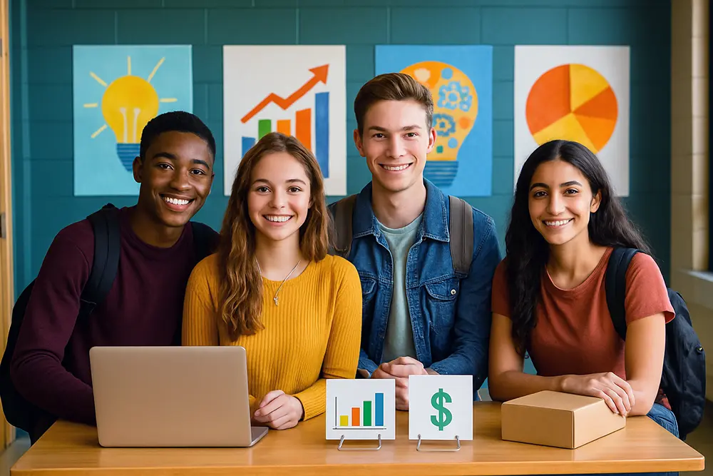 Four student entrepreneurs smiling behind a table with a laptop, chart signs, and posters on the wall in a school setting