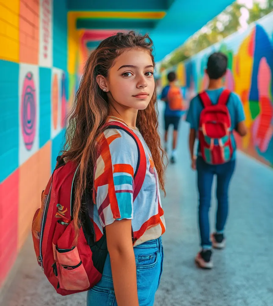 Student walking through a colorful school hallway, symbolizing the impact of technology grants funding school poster makers