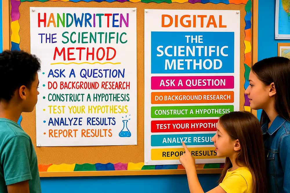 Students compare handwritten and digital scientific method posters created using poster makers for schools