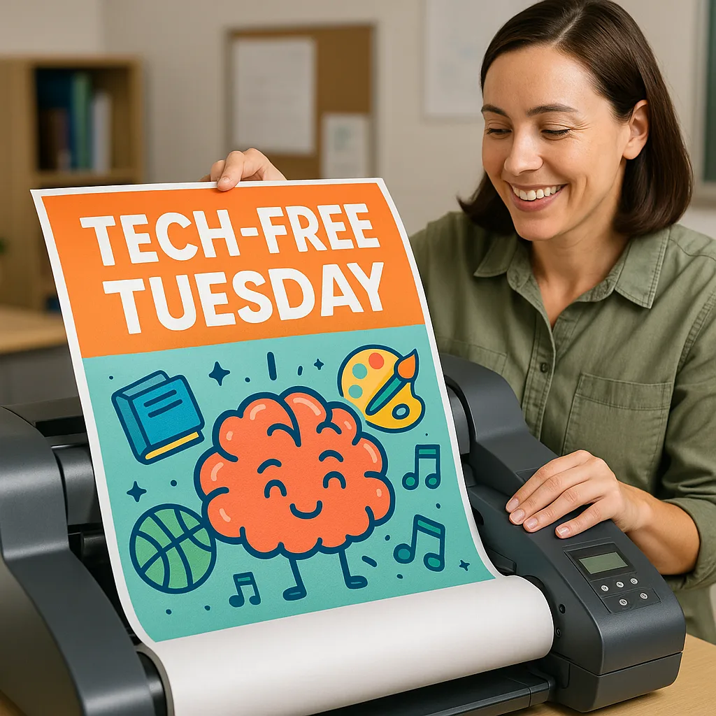 A close-up of a teacher using a poster maker machine to print a colorful "Tech-Free Tuesday" poster engaging graphics. The poster features a brain illustration happy expressions, surrounded by