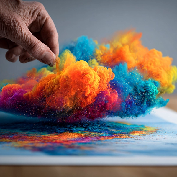 Hand interacting with a vibrant burst of colorful ink clouds emerging from a printed poster