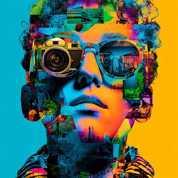 Digital Citizenship Posters Transform Online Safety Digital collage of a student wearing camera-lens sunglasses, symbolizing digital awareness and online perspective