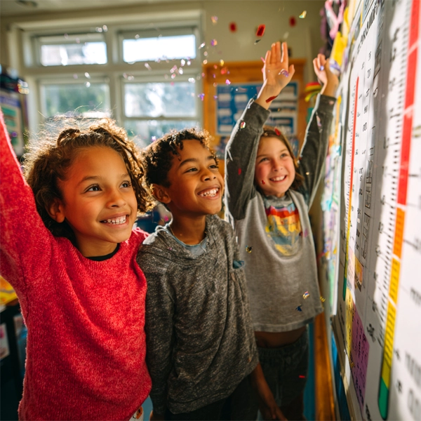 Three smiling children cheer in front of a colorful classroom fundraising thermometer char