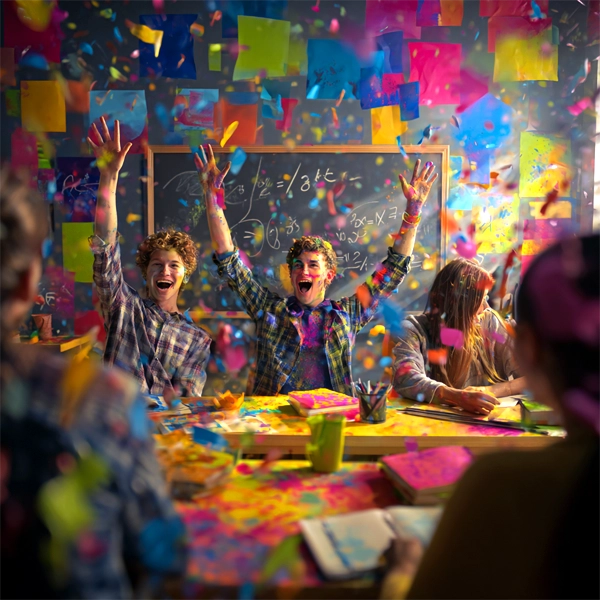 Excited students celebrate in a colorful classroom filled with confetti and vibrant posters