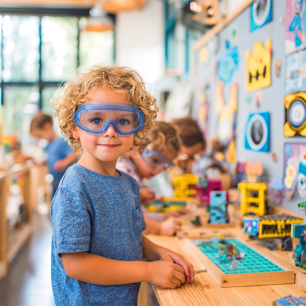 Young child wearing safety goggles in a colorful elementary school maker space