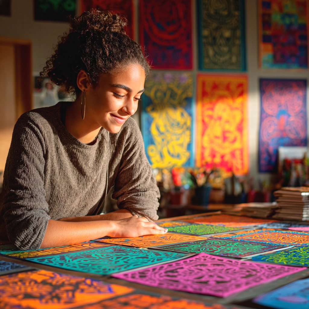 Smiling student admiring colorful cultural posters on a classroom table