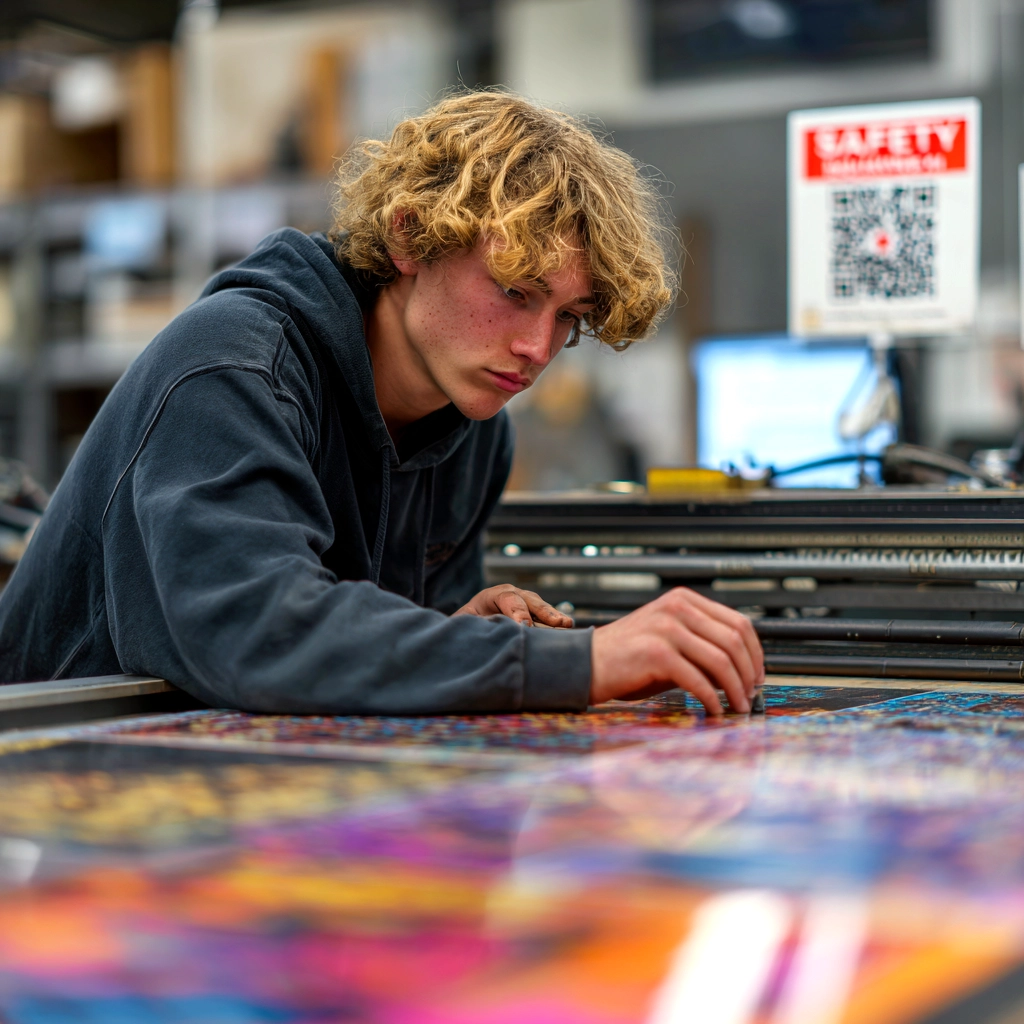 Poster Maker Machine for Schools Safety Certification Teen student using a large-format poster printer in a school makerspace, focused on colorful safety visuals