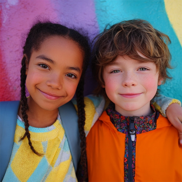 Two smiling elementary students stand arm in arm in front of a colorful mural, representing friendship and language learning